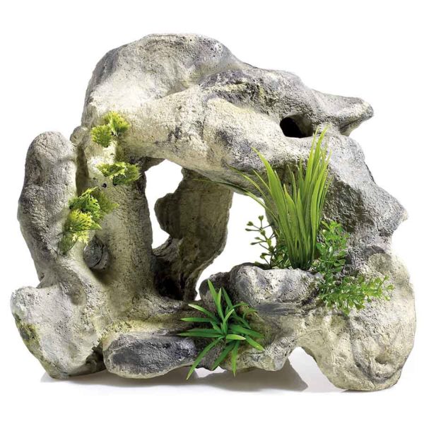 The Classic Rocky Cave Garden is a large 28cm fish tank ornament with realistic hand crafted shaping. that features marine plants.