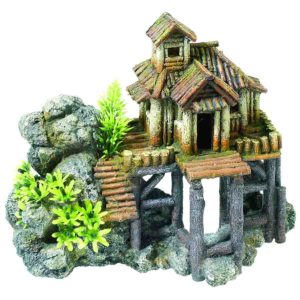 Classic Wood House With Rocks for fish aquarium