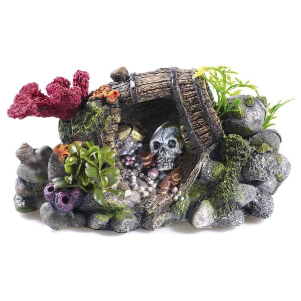 Classic Treasure Barrel and Skull fish tank decor for saltwater and tropical fish