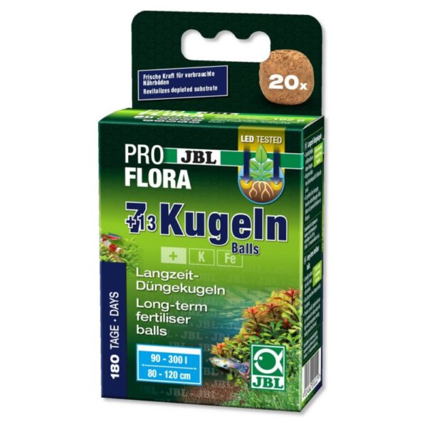 JBL 7+13 Root Fertiliser Balls are small, round balls that are designed to be placed directly into the substrate of a planted aquarium. They are a reddish-brown color and have a diameter of approximately 1.5 cm. The balls are made up of a mixture of nutrients and minerals, including iron, potassium, and magnesium, which are slowly released into the substrate over time to provide essential nutrients to plant roots. Each ball contains a precise amount of nutrients to ensure the optimal growth of aquarium plants.