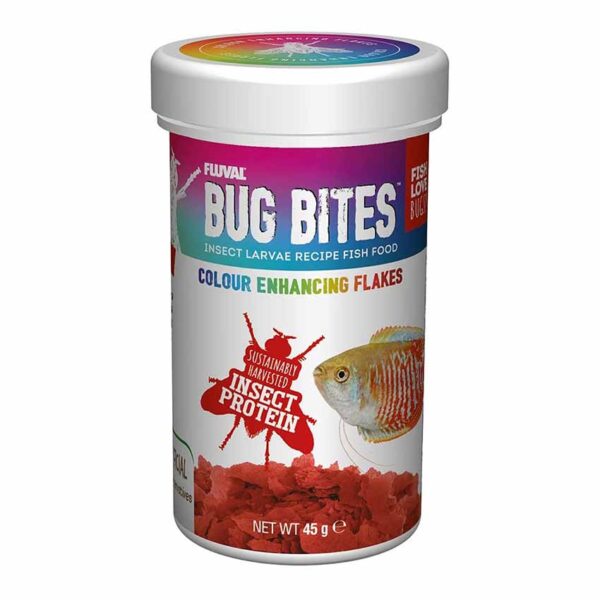 Fluval Bug Bites Colour Enhancing Flakes natural insect based food for your fish.