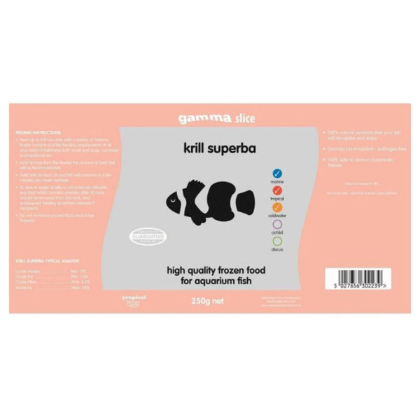 Gamma Krill Superba 250g, a great food for larger tropical and marine fish. Krill is a fantastic food loaded with protein and minerals needed for a healthy balanced diet