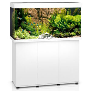 Wider, taller, lighter: JUWEL Rio 350 Led and Cabinet White. At a width of 50 cm and standing 66 cm tall the RIO 350 LED is the extra-special aquarium in the RIO range. Large fish and even the most demanding of marine species will be right at home in the RIO 350 LED. The safety base frame ensures especially safe positioning and allows you to setup your aquarium easily, with no need for special supports.