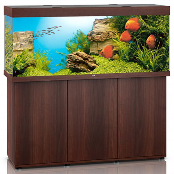 Putting size into practice: JUWEL Rio 450 Led and Cabinet Dark Wood. Big ideas need room – with its capacity of 450 litres, the  RIO 450 LED has that in spades. 50 cm wide and standing 66 cm tall the RIO 450 LED is the largest aquarium in the RIO range. Large fish and even the most demanding of marine species will be right at home in the RIO 450 LED. The safety base frame ensures especially safe positioning and allows you to set up your aquarium easily, with no need for special supports.