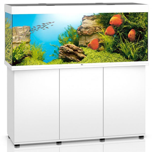 Putting size into practice: JUWEL Rio 450 Led and Cabinet White. Big ideas need room – with its capacity of 450 litres, the  RIO 450 LED has that in spades. 50 cm wide and standing 66 cm tall the RIO 450 LED is the largest aquarium in the RIO range. Large fish and even the most demanding of marine species will be right at home in the RIO 450 LED. The safety base frame ensures especially safe positioning and allows you to set up your aquarium easily, with no need for special supports.