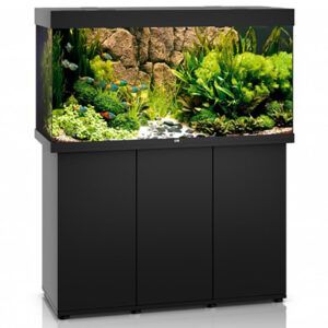 Wider, taller, lighter: JUWEL Rio 350 Led and Cabinet Black. At a width of 50 cm and standing 66 cm tall the RIO 350 LED is the extra-special aquarium in the RIO range. Large fish and even the most demanding of marine species will be right at home in the RIO 350 LED. The safety base frame ensures especially safe positioning and allows you to setup your aquarium easily, with no need for special supports.