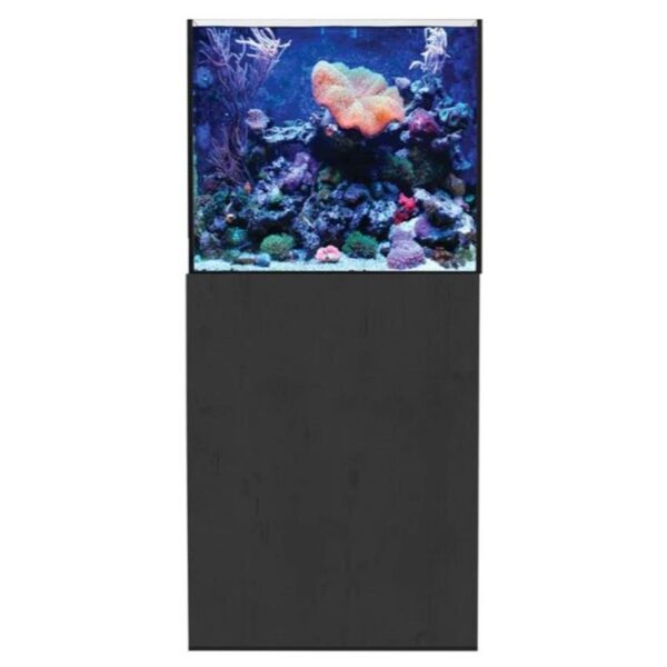 Aqua One ReefSys 150 Black Ash aquarium. The tank itself measures 60 x 55 x 53cm, providing ample space for a variety of marine life. The accompanying cabinet measures 60 x 55 x 80cm, offering a sturdy and stylish base that fits seamlessly into any home or office environment. This modern design makes it a standout feature, effortlessly blending into any decor while serving as a striking centrepiece.
