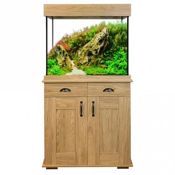 Fluval Shaker 168L Hampshire Oak. The spacious 168-liter tank (Dimensions: 75cm x 48cm x 60cm) provides ample room for a diverse array of fish and aquatic flora. Its sleek design seamlessly integrates with any decor, while the Hampshire Oak finish adds a touch of sophistication to your surroundings.
